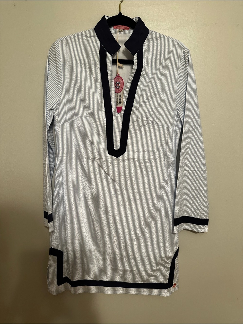 Castaway White Pinstripe Tunic with Navy Trim